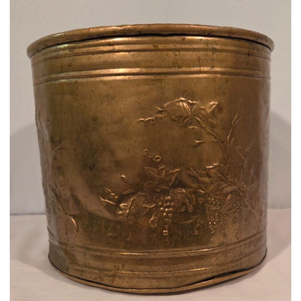 Vintage Embossed Brass Cachepot Planter Grapevine Motif Large Brass Planter